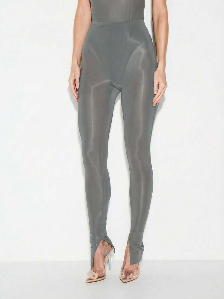KIZN High Waisted Faux Leather Leggings With Button Detail Ankle Closure Full Length Fitted Pants | SHEIN