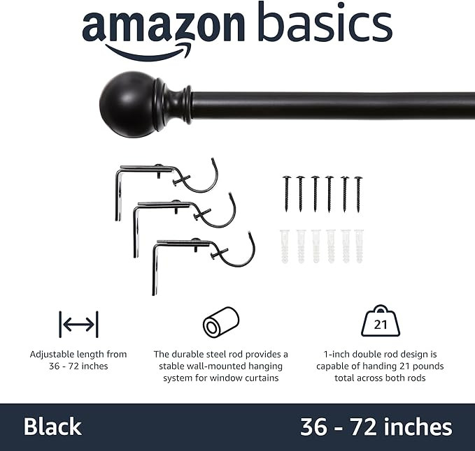 Amazon Basics Adjustable Curtain Rods for Windows, Round Finials, 1-Inch Rod, 36" to 72", Black, ... | Amazon (US)