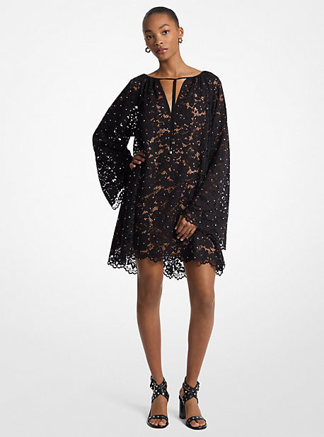 Studded Corded Floral Lace V-Neck Dress | Michael Kors US
