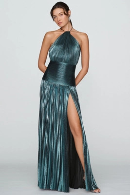 Thalia Pleated Metallic Halter Side-Slit Drop-Waist Maxi Dress | Anthropologie (US)