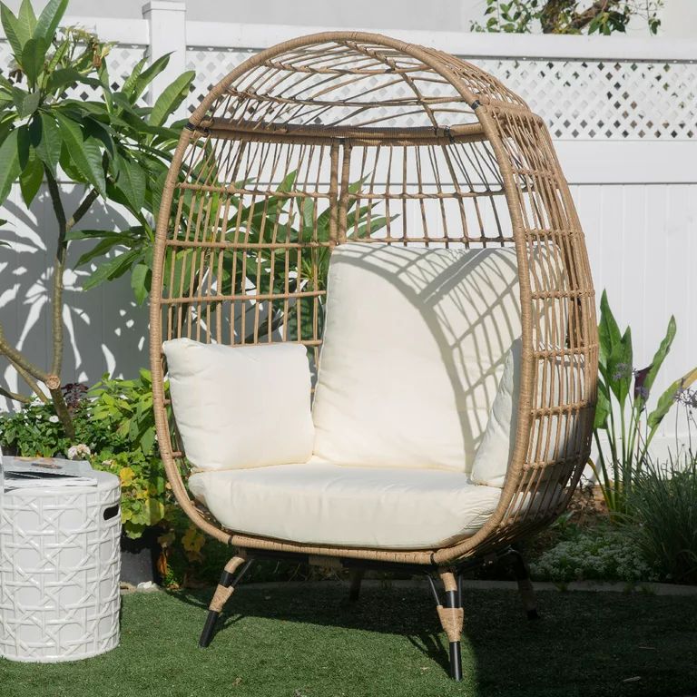 Barton Egg Chair Outdoor Indoor Wicker Oversized Lounger with Stand and Cushions Egg Basket Chair... | Walmart (US)