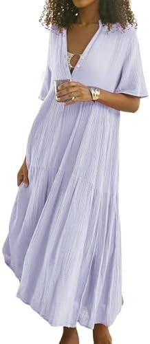 R.Vivimos Womens Summer Cotton Flowy Maxi Dress Short Sleeve V Neck Empire Waist Boho Tiered Ruff... | Amazon (US)