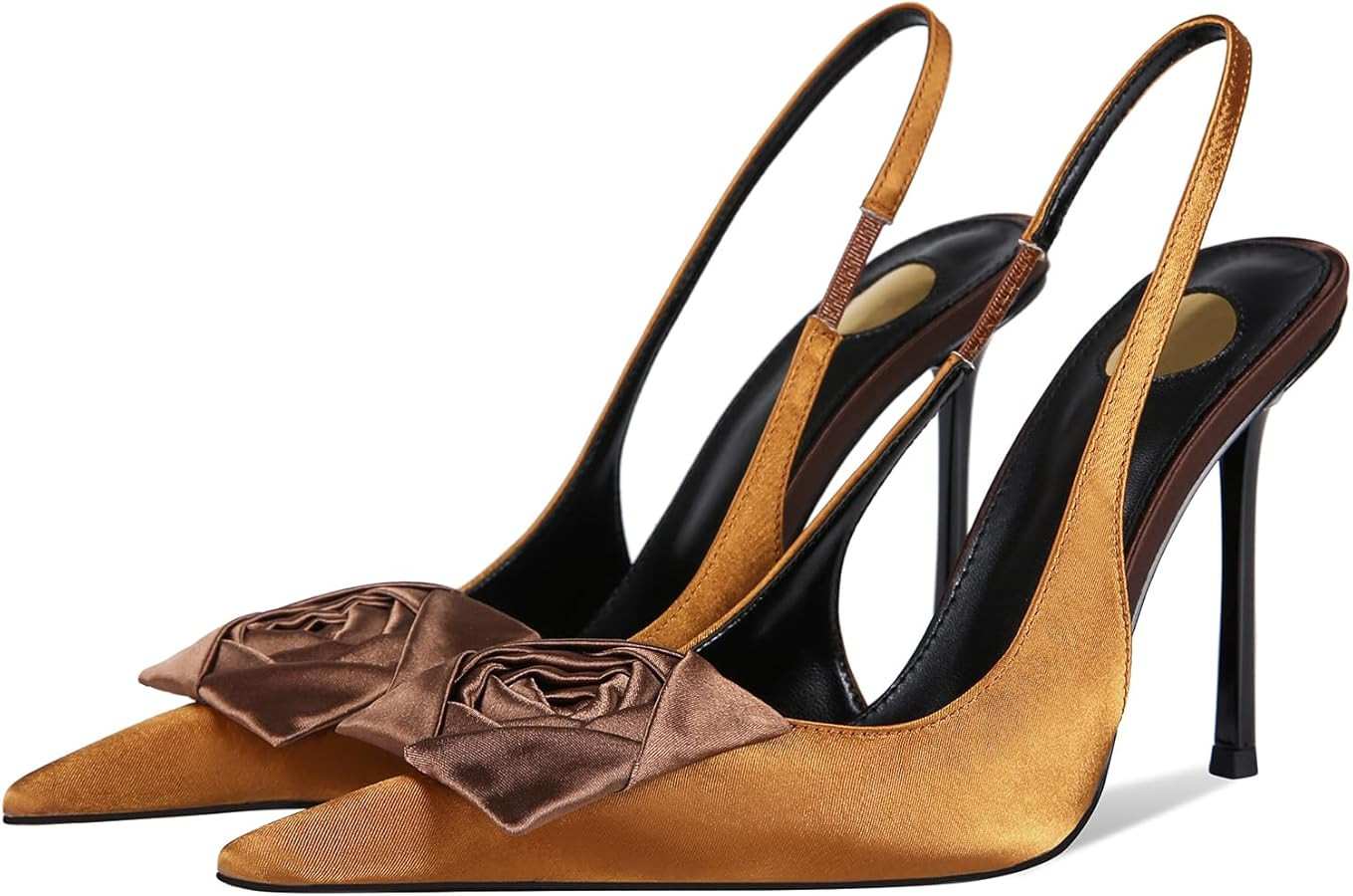 Flower High Heels for Women Closed Pointed Toe Stilettos Heel Pumps Slip On Elastic Ankle Strap S... | Amazon (US)