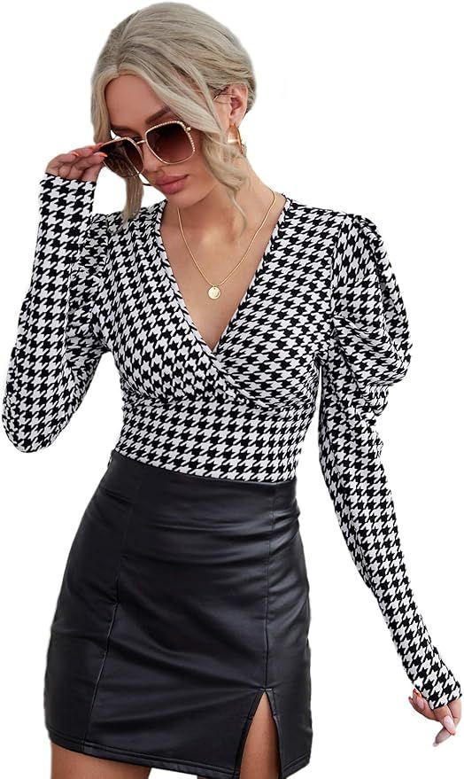 WDIRARA Women's Elegant V Neck Puff Long Sleeve Houndstooth Wrap Blouse Top | Amazon (US)