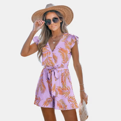 Women's Tropical Palm Leaf Print Wrap Romper - Cupshe-M-Purple | Target