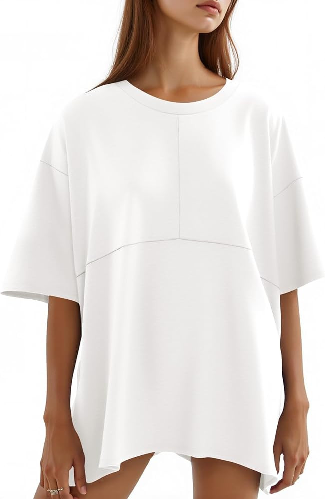 Tankaneo Womens Oversized Crewneck Shirts Short Sleeve Off The Shoulders Tops Curved Hem Tshirt | Amazon (US)