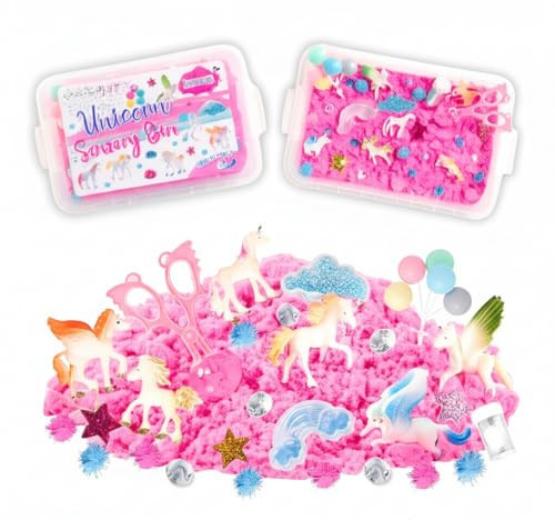 Sensationally OT Premium 38 PCS Unicorn Sensory Sand Bin-2 lb Magic Sand, Sensory Bin for Toddlers & Sand Scooper-Count Sparkly Pom-Poms, Bring Unicorns to Life - Ideal Gift for Kids | Amazon (US)