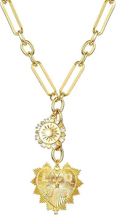 Sun Heart Charm Choker Necklace for Women Men,18k Gold Plated With Zircons Inlaid Pendants,Thick ... | Amazon (US)