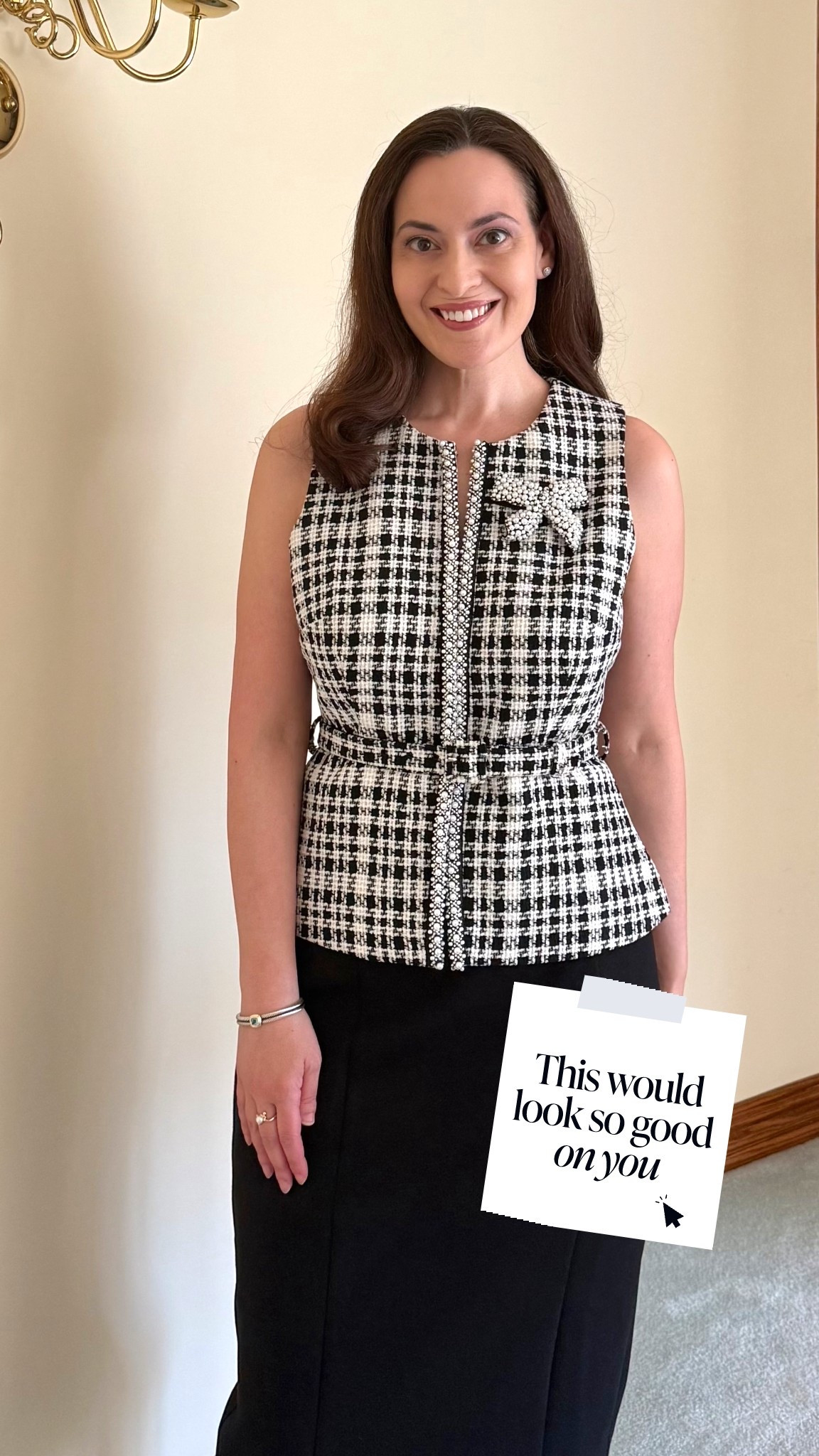 work outfits - sleeveless tweed vest embellished with pearls and rhinestones down the front. The pearl bow brooch is really pretty and is removable. The top is belted and runs a little big - wearing size 2. 

#LTKWorkwear #LTKootd #LTKSaleAlert