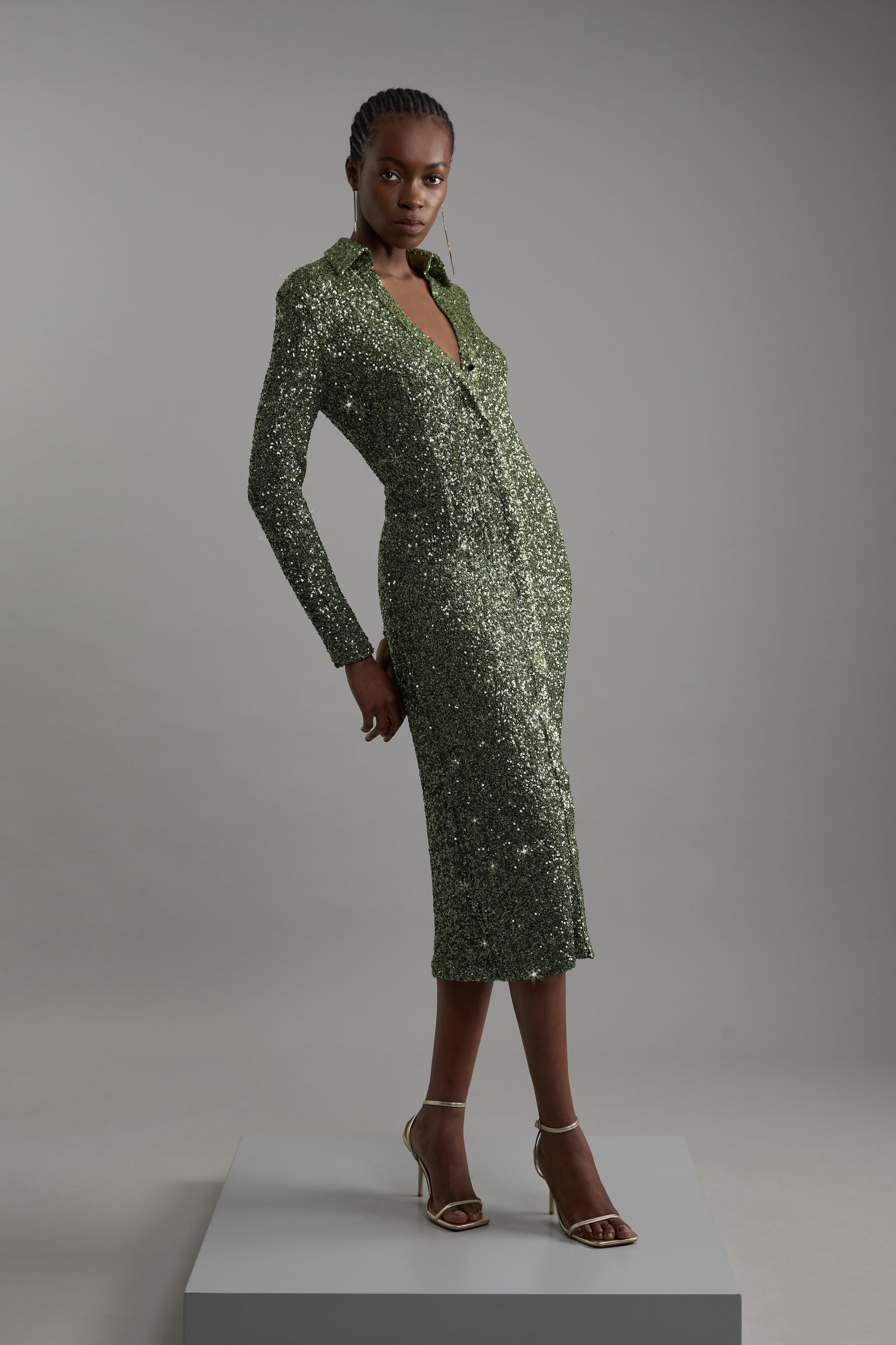 Stretch Sequin Collar Plunge Midaxi Dress | Karen Millen | Karen Millen UK + IE + DE + NL
