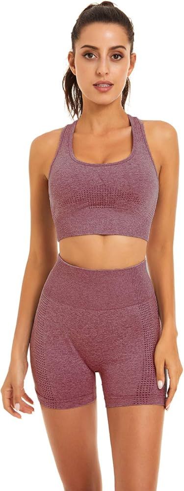 Women Seamless Yoga Workout Set 2 Piece Outfits Gym Shorts Sports Bra | Amazon (US)