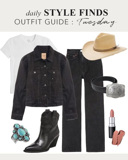 Western-inspired outfit for less: Black denim puff sleeve jacket, turquoise ring, western boots, buffalo belt buckle, cowboy hat #fallstyleinspiration #fallstyle #outfitguide #dailyfinds #westernlook #westernoutfit #cowboyboots #falltrends2023 

#LTKover40 #LTKshoecrush #LTKfindsunder50