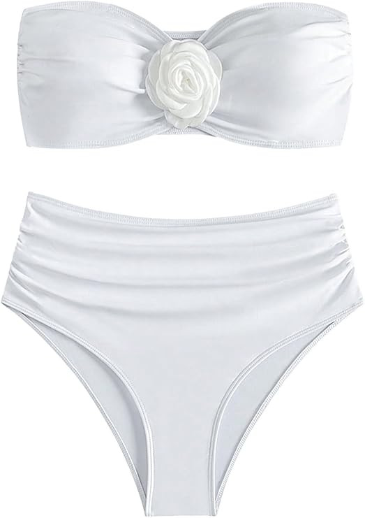 SHENHE Women's 2 Piece Strapless Swimsuits Ruched High Waisted Floral Bandeau Bikini Set | Amazon (US)