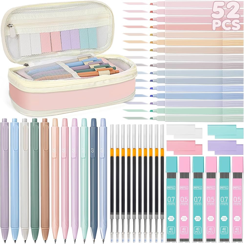 52 PCS Aesthetic School Supplies with Cute Pencil Case, Stationery Essentials with Pens Pencils a... | Amazon (US)