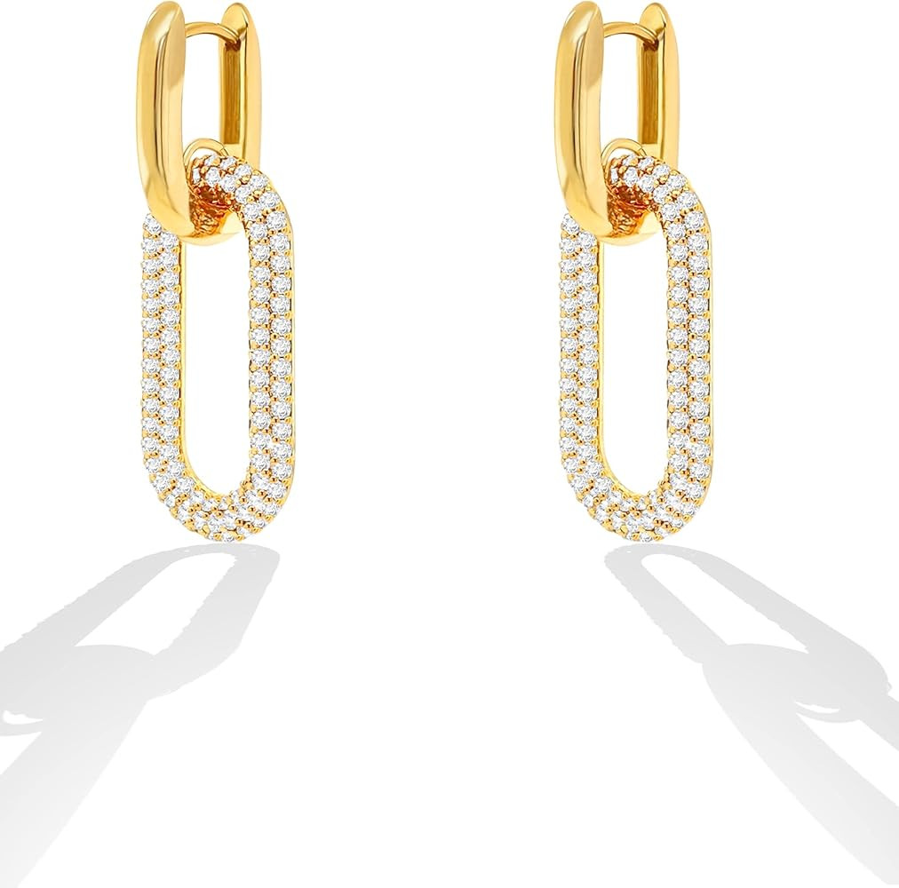 OZEL – CZ Chain Link Dangle Earrings for Women with Cubic Zirconia Stones – 14k Yellow Gold o... | Amazon (US)