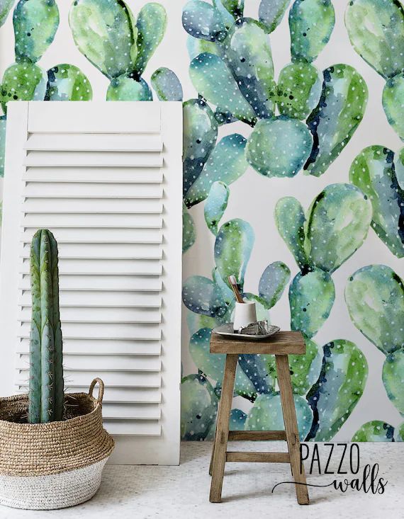Watercolor cactus wallpaper - Renters decor - removable or regular material - cactus wall mural -... | Etsy (US)