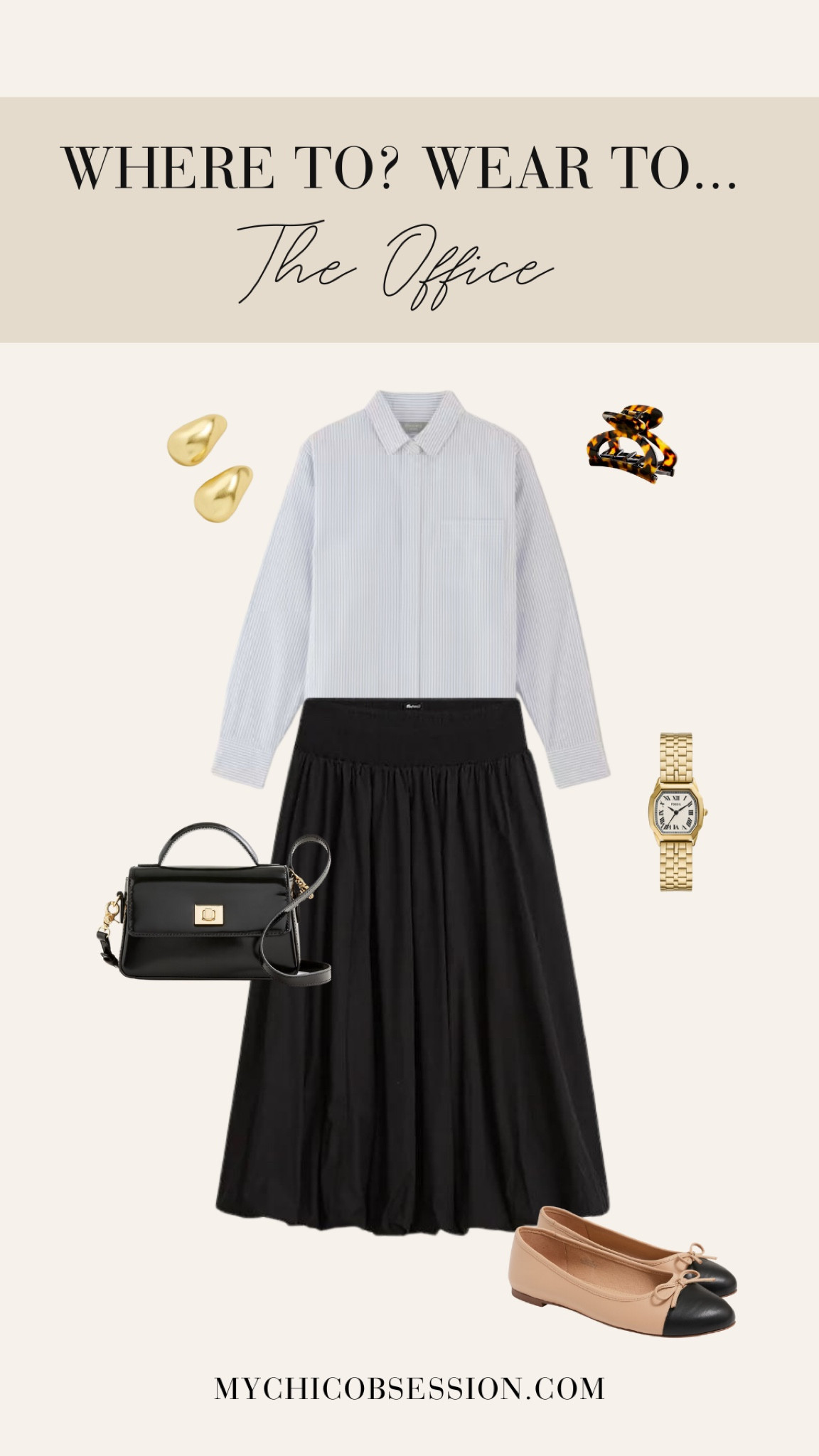 Style a balloon skirt (or bubble skirt) for a fall outfit fit for work with a blue and white striped button-down, a gold watch, claw clip, gold earrings, a leather bag and cap-toe ballet flats.

#LTKStyleTip #LTKWorkwear #LTKSeasonal