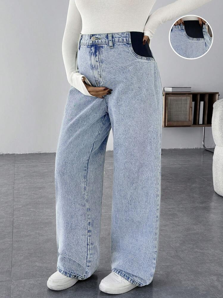 SHEIN Maternity Casual Loose Straight Leg Blue Jeans Women Baggy Jeans Casual Loose Blue Women's Jeans Thanksgiving Women Wide Waist Mom Jeans | SHEIN