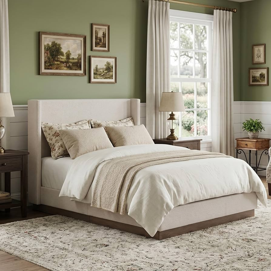 53" High Headboard Wingback Bed Frame King - Luxury Cream White Boucle Fabric Upholstered Platfor... | Amazon (US)