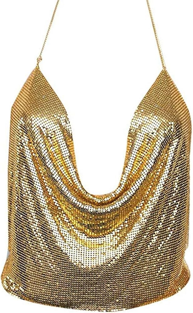 Women Metal Sequin Sparkle Glitter Tank Deep V Neck Spaghetti Strap Backless Chain Halter Crop To... | Amazon (US)