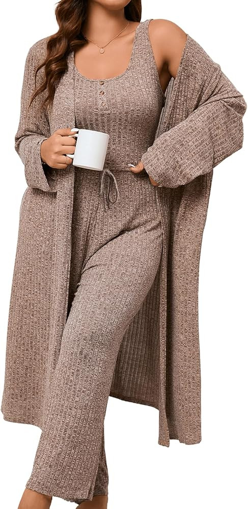 Verdusa Women's Plus Size 3 Piece Ribbed Tank Top and Pants with Robe Pajama Sets | Amazon (US)