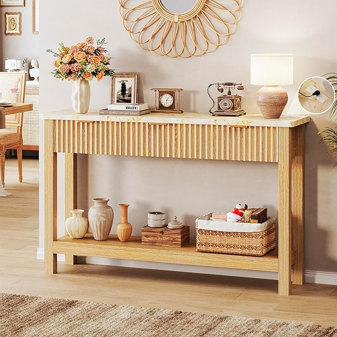 HUAHUU 47.2" Fluted Console Table with 3 Drawers, Long Sofa Table with Storage Behind Couch, Mode... | Amazon (US)