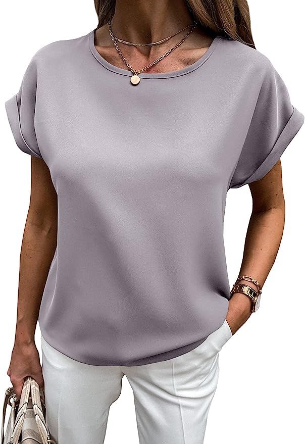 Lynwitkui Womens Crewneck Short Sleeve Chiffon Blouses Summer Keyhole Back Business Casual Tops | Amazon (US)