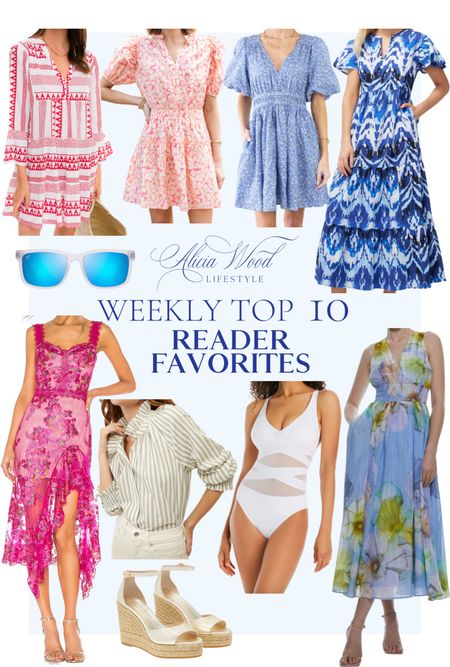 Top 10 weekly reader favorites! 

Floral mini and midi dresses, green and white striped collared button down shirt, white mesh one piece swimsuit, gold espadrille wedges, aviator sunglasses 

#LTKSeasonal #LTKswim #LTKstyletip
