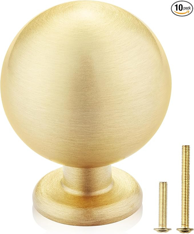 QOGRISUN 10-Pack Solid Brass Cabinet Knobs, Round Ball Gold Knobs for Dresser Drawer, 1.1-Inch Di... | Amazon (US)
