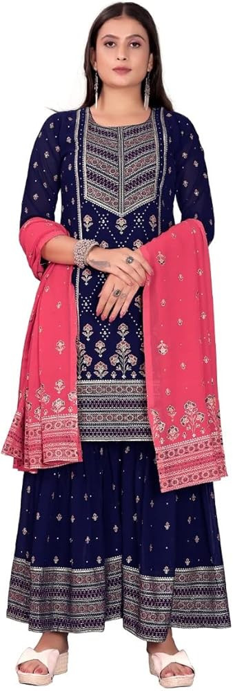 DREAMANGEL FASHION Womens Georgette Boat Neck Party Wear Style Kurta And Sharara With Dupatta | Amazon (US)