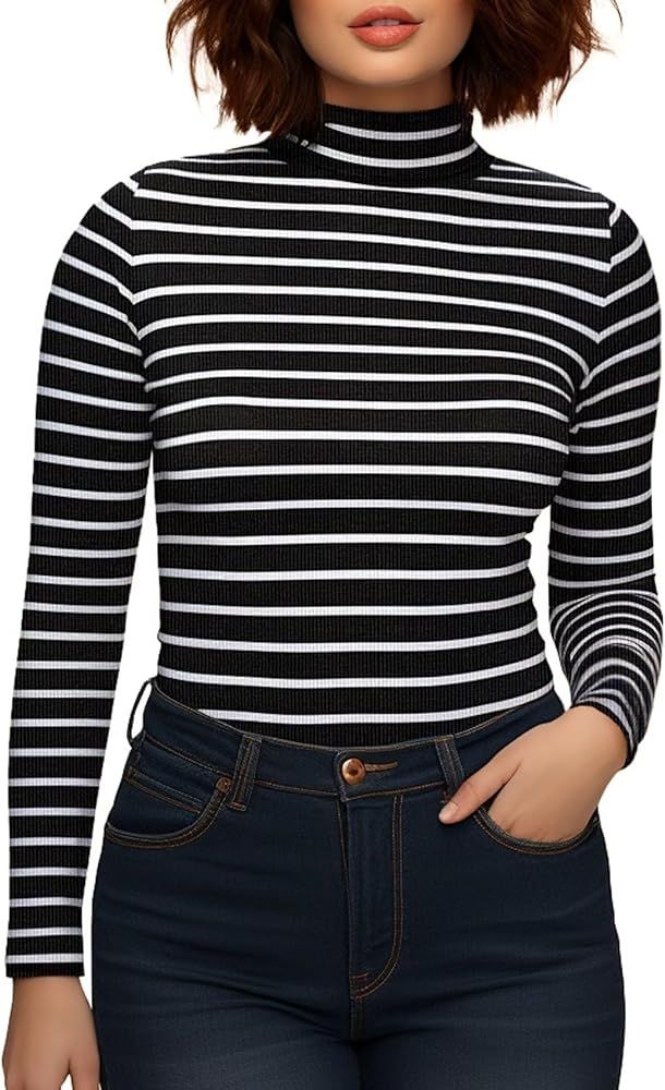 Womens Mock Turtleneck Tops Ribbed Striped Long Sleeve Shirt | Amazon (US)