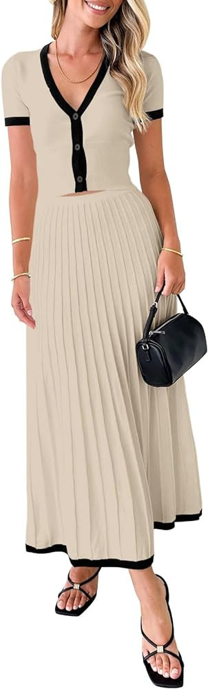 Imily Bela Womens 2 Piece Sweater Outfits Sets Short Sleeve V Neck Crop Top Knit Midi Long Pleate... | Amazon (US)