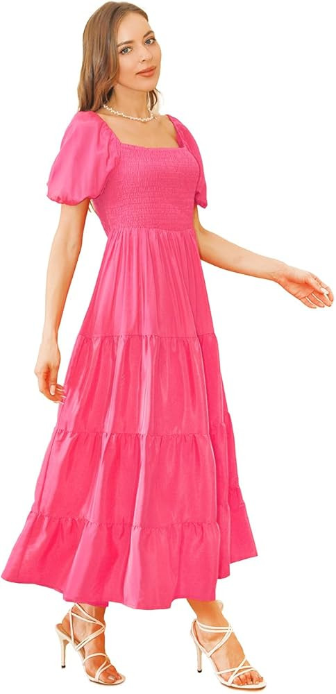 boratat Women's Summer Casual Midi Maxi Dress Puff Short Sleeve Square Neck Tiered Ruffle Dresses | Amazon (US)