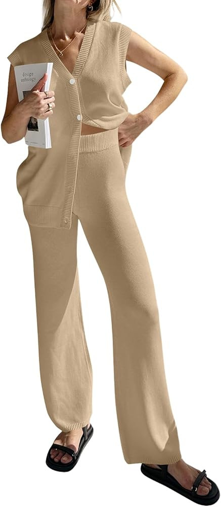 Tankaneo Womens Knit 2 Piece Outfits Sets Sleeveless Button Down Vest Tops Wide Leg Pants Lounge ... | Amazon (US)
