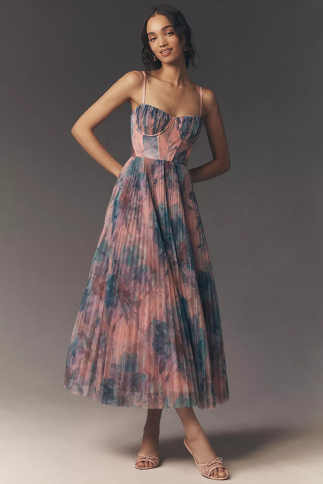 Hutch Amara Corset Pleated Tulle Fit & Flare Midi Dress | Anthropologie (US)