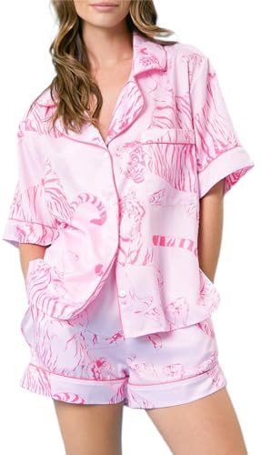 Yiulangde Women Y2k Floral Tiger Pajamas Cute Animal Print 2 Piece Preppy Pjs Set Matching Short Sleeve Shirts Pj Shorts Sets A-pink | Amazon (US)