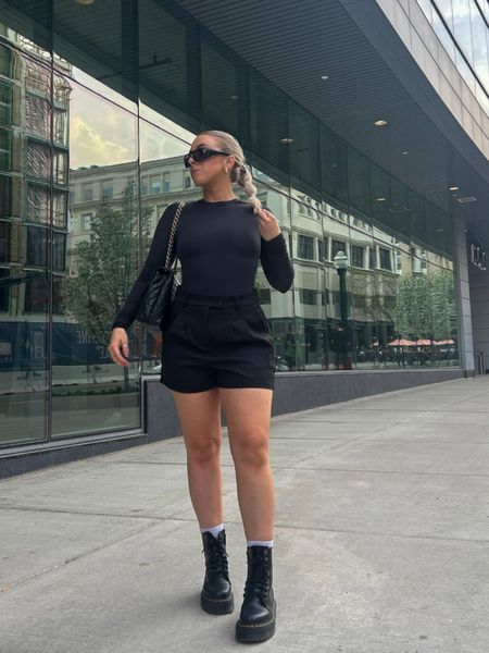 All black outfit, summer casual outfit, summer street style outfit, tailored trouser shorts, skims fits everybody bodysuit, dr marten jadon platform boots 

#LTKstyletip #LTKSeasonal #LTKshoecrush