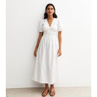 Women's White V Neck Shirred Bodice Bow Front Midi Dress New Look | New Look (UK)