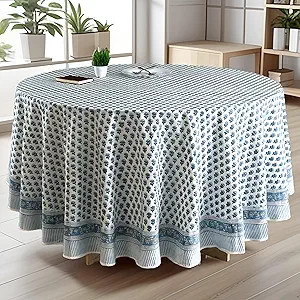 CPC Apatite Blue Block Print Cotton Handmade Round Tablecloth 60 Inch Decorative Table Cover for ... | Amazon (US)
