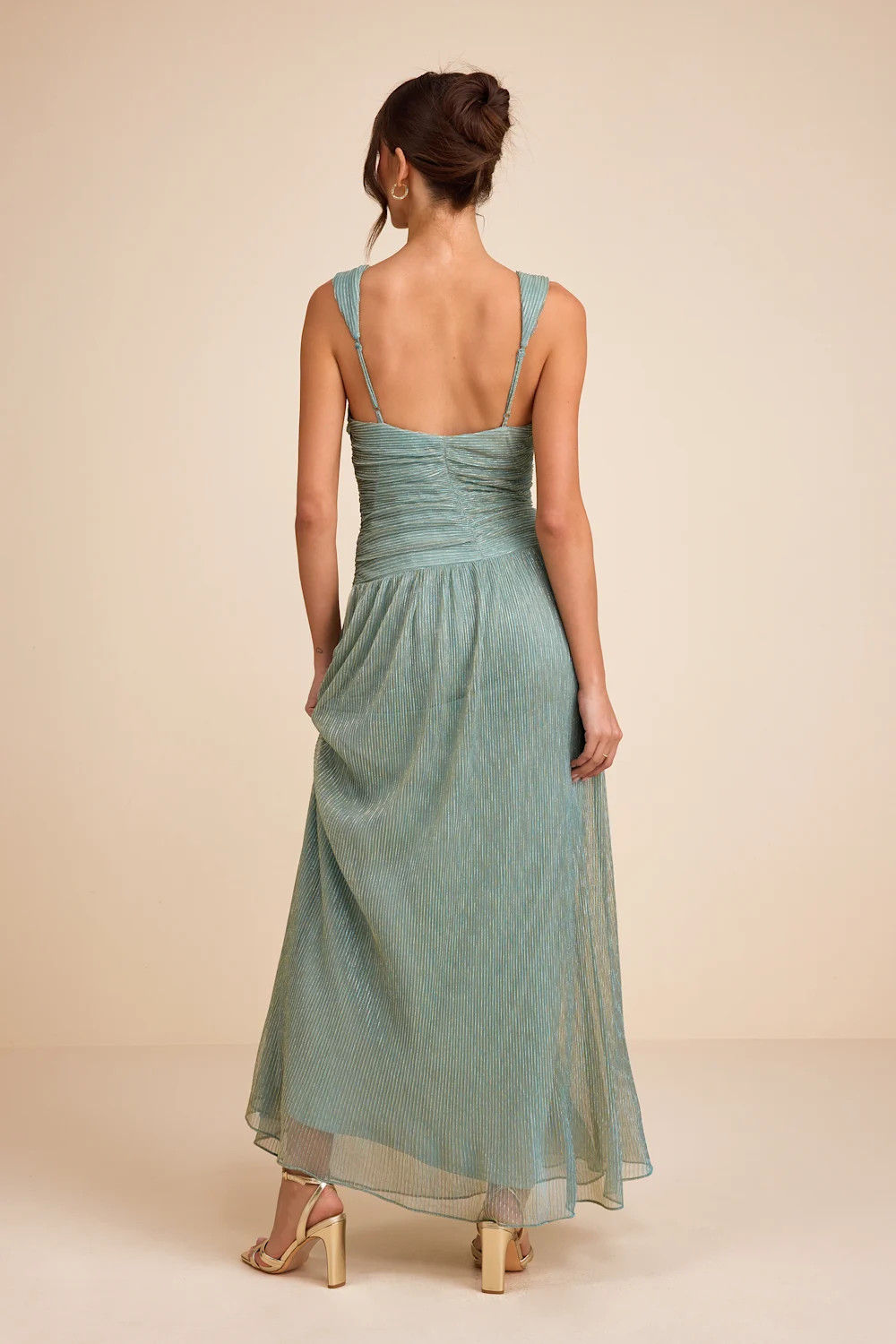 Evaluna Sage Green Abstract Print Lurex Pleated Maxi Dress | Lulus