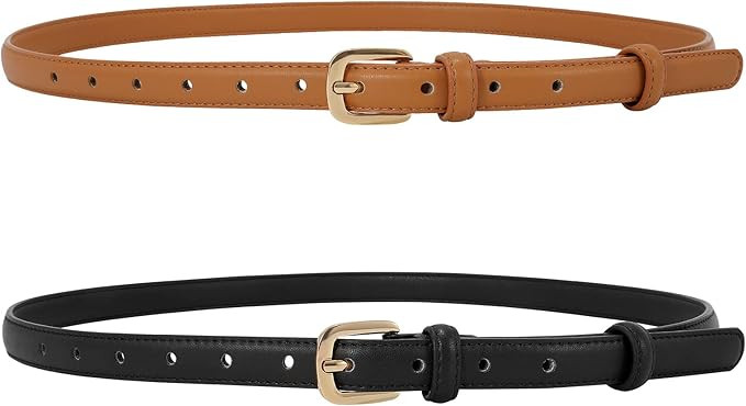 SANSTHS 2 Pack Women Thin Skinny Faux Leather Belt Waist Belt with Metal Pin Buckle for Dress Jea... | Amazon (US)