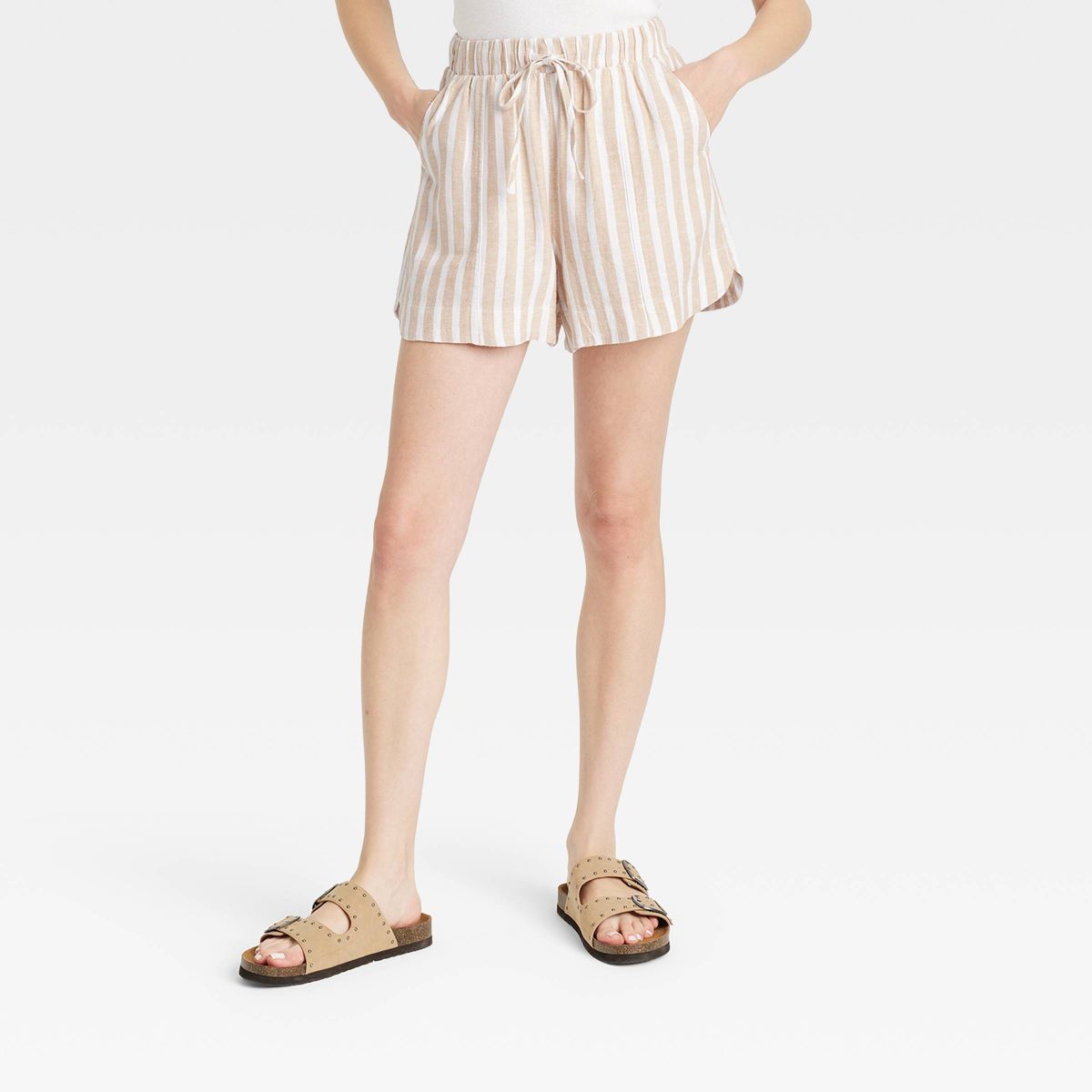Women's High-Rise Linen Pull-On Shorts - Universal Thread™ Tan Striped L | Target