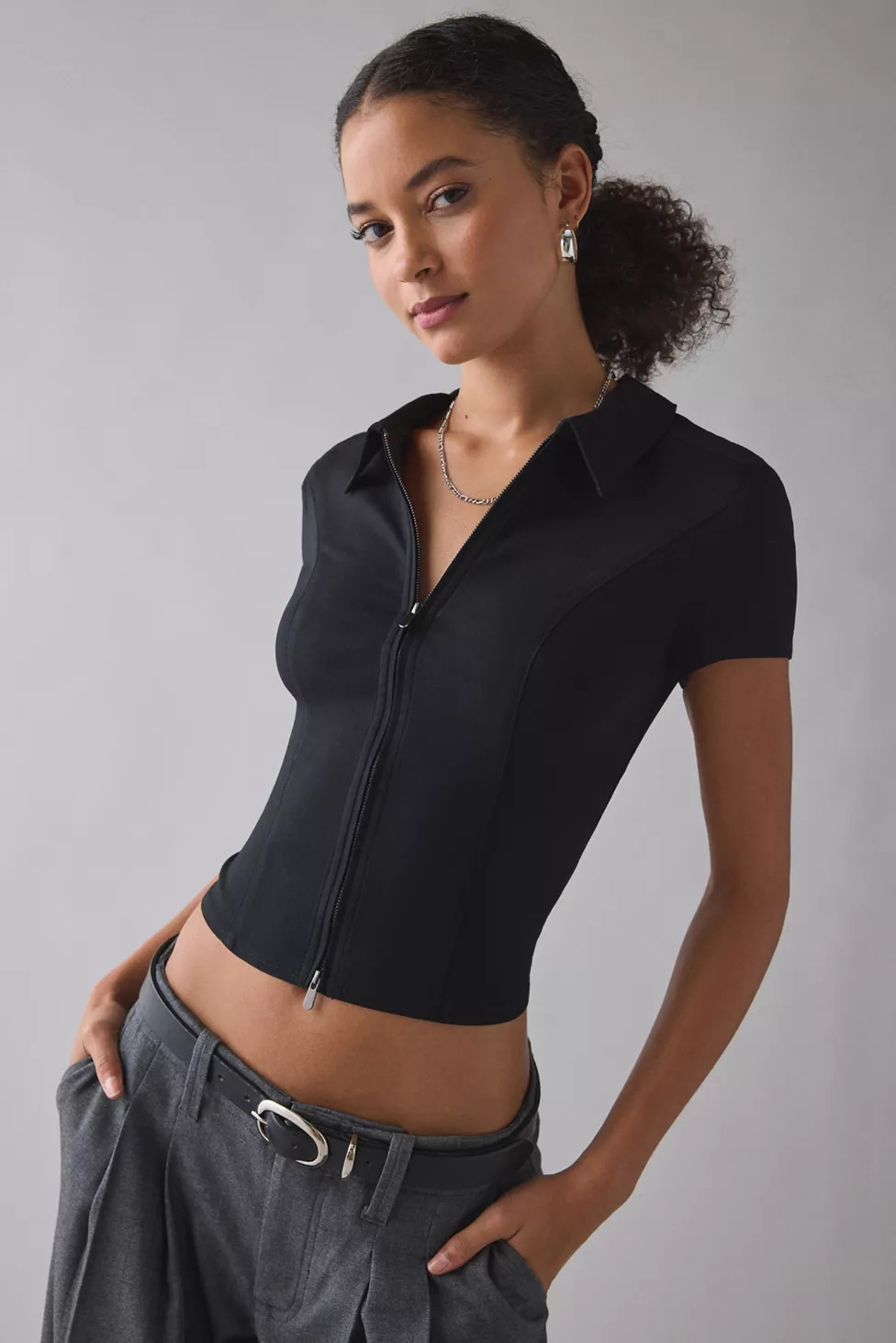 UO Ledia Slim Short Sleeve Zip-Front Shirt | Urban Outfitters (US and RoW)