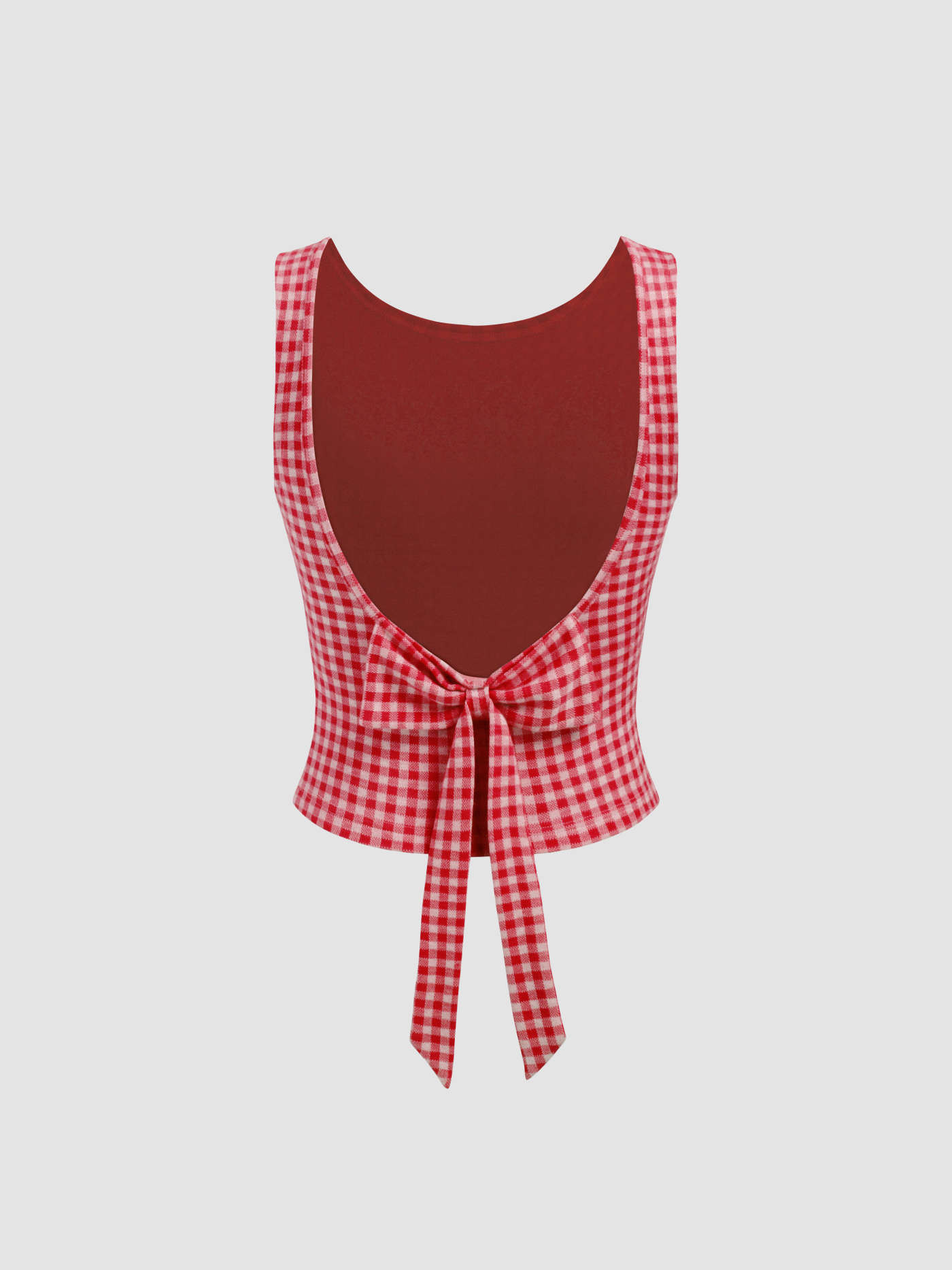 Boat Neck Gingham Bowknot Backless Crop Tank Top | Cider