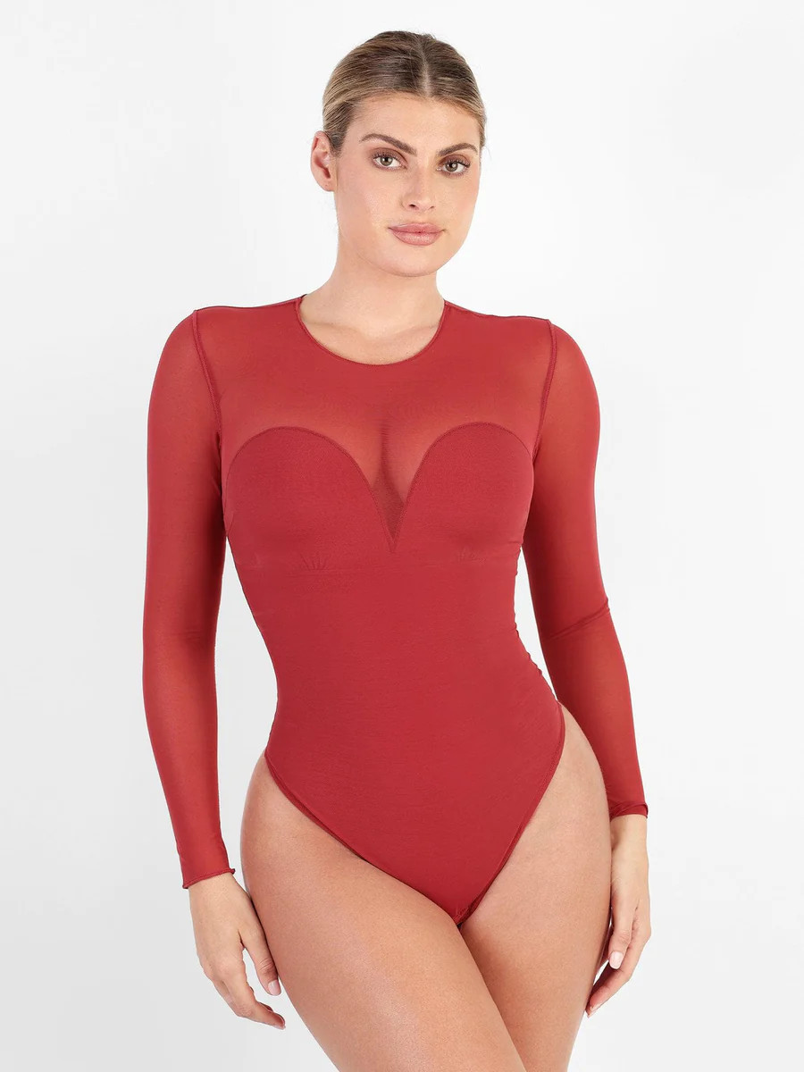 Sheer Mesh Shapewear Long Sleeve Thong Bodysuit | Popilush | Popilush
