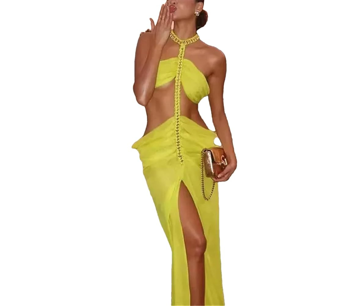 Women’s Halter Neck Pleated Beach Dress Metal Chain Detail Summer Vacation Casual Outfit | Amazon (US)