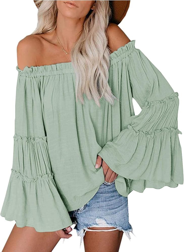 Womens Off The Shoulder Long Bell Sleeve Tops Flared Casual Loose Blouse | Amazon (US)