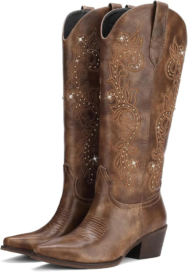 Cowboy Boots for Women Wide Calf Cowgirl Boot Embroidered Western Square Toe Chunky Heel with Stu... | Amazon (US)