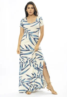 Vestido Longo Amazônia Vital Malha Gola Canoa Manga Curta Estampa Bambu Azul | Dafiti (BR)