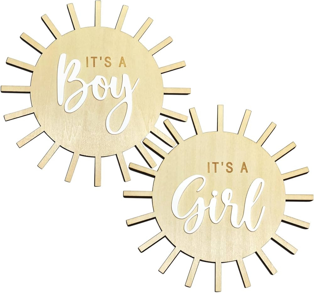 Double Sided Sun Gender Reveal Sign, Boho Sun Baby Boy or Girl Pregnancy Birth Announcement Woode... | Amazon (US)